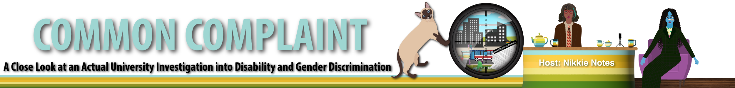 Banner for CommonComplaint.com showing a talk show desk with two people and a cat.